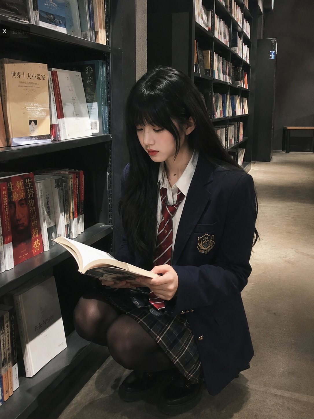 Ultra-Realistic Smartphone Photo of East Asian Schoolgirl in Bookstore AI image prompt example