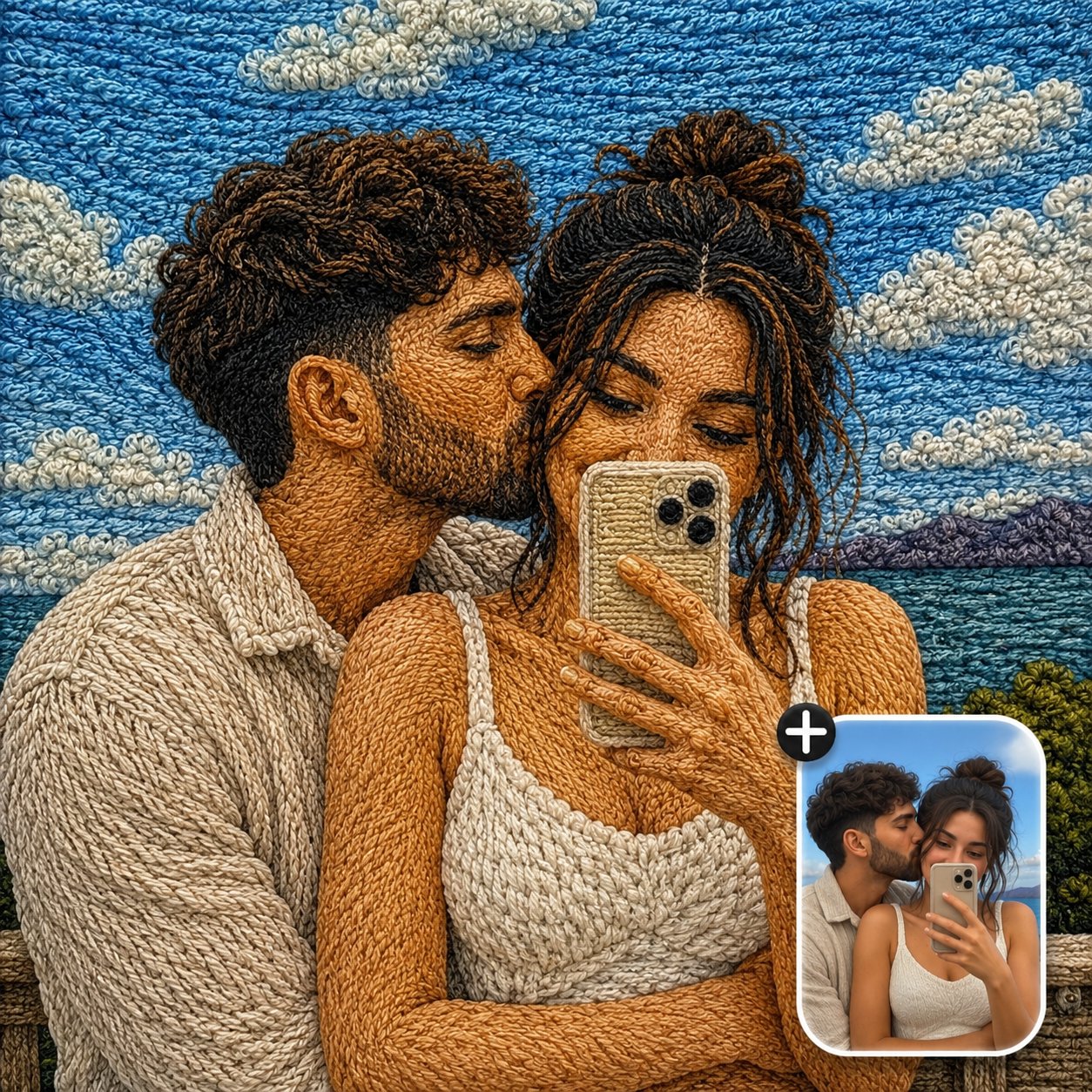 Handcrafted Embroidery Couple Photo Prompt: Luxurious Yarn Textile AI image prompt example