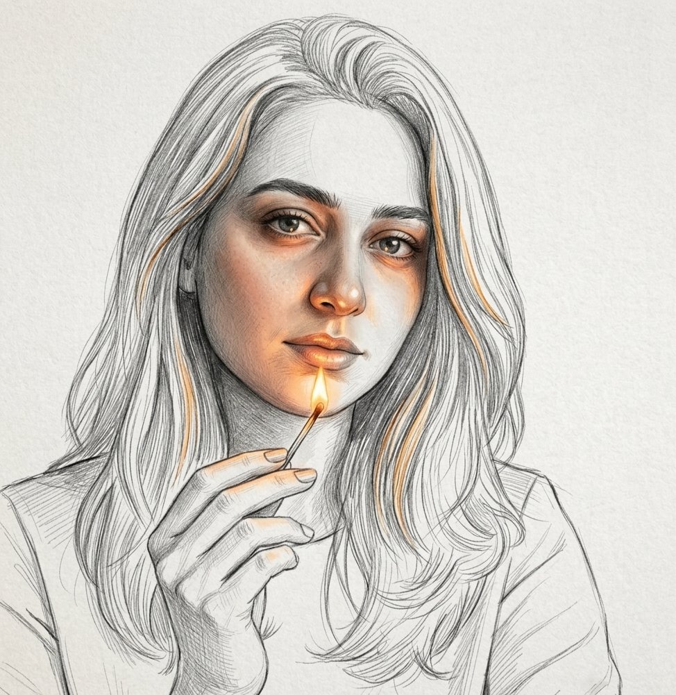 Half-Finished Pencil Sketch Portrait Prompt: Gender-Neutral... AI image prompt example