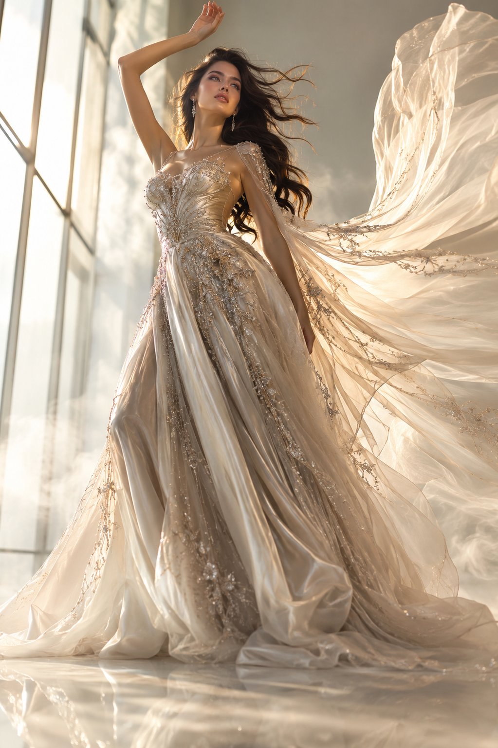 Tall Woman in Champagne Gold Haute Couture Gown AI Image Prompt AI image prompt example