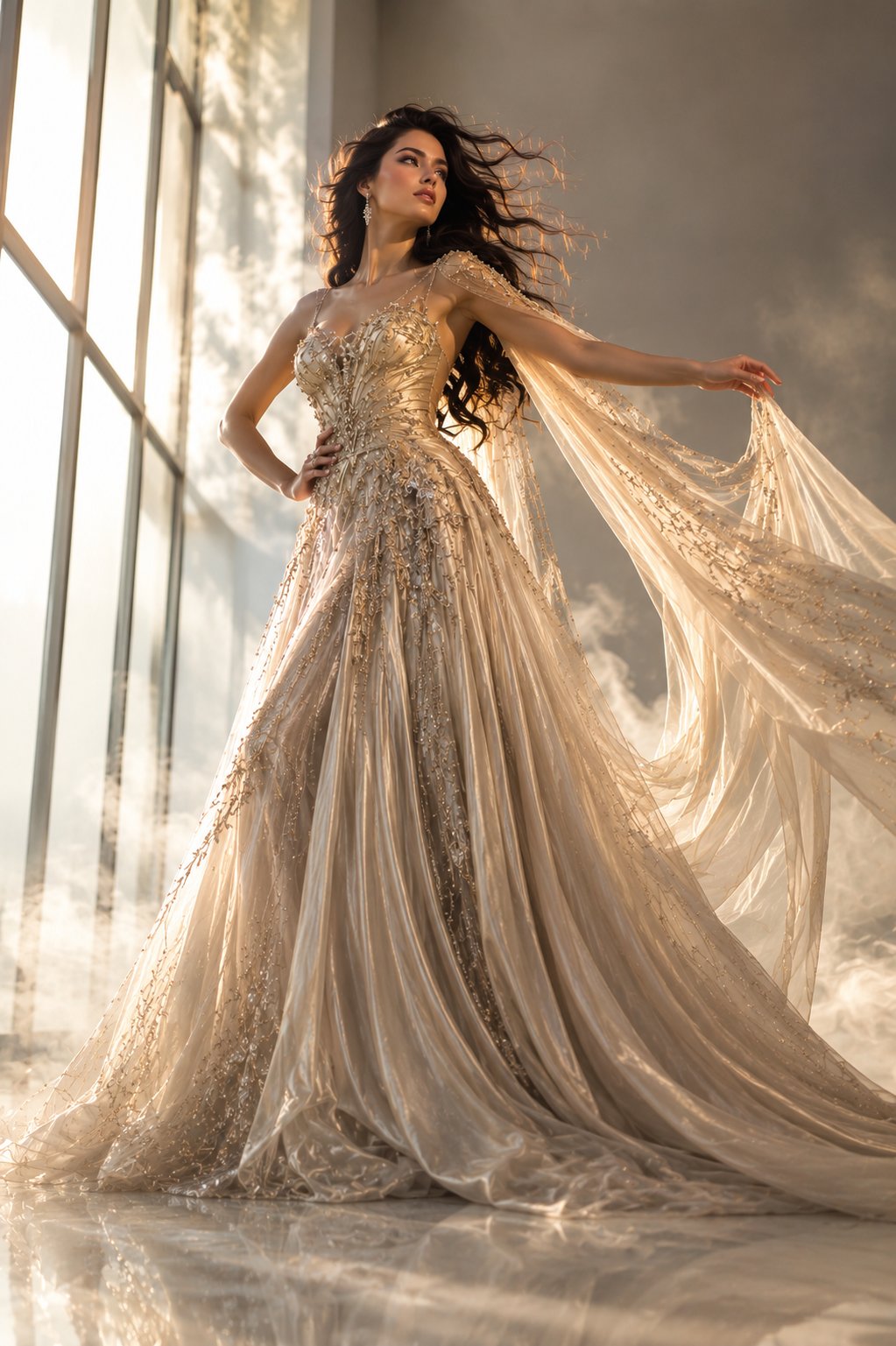 Tall Woman in Champagne Gold Haute Couture Gown AI Image Prompt AI image prompt example 2