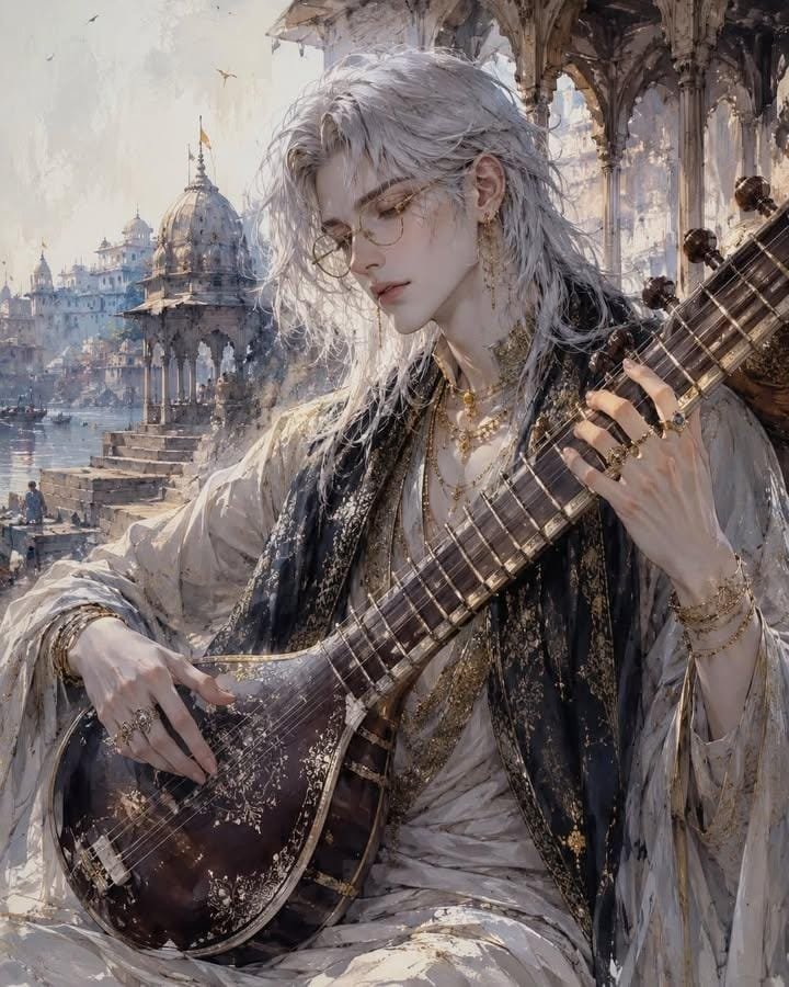 Androgynous Fantasy Portrait: Musician in Ethereal Desert AI image prompt example