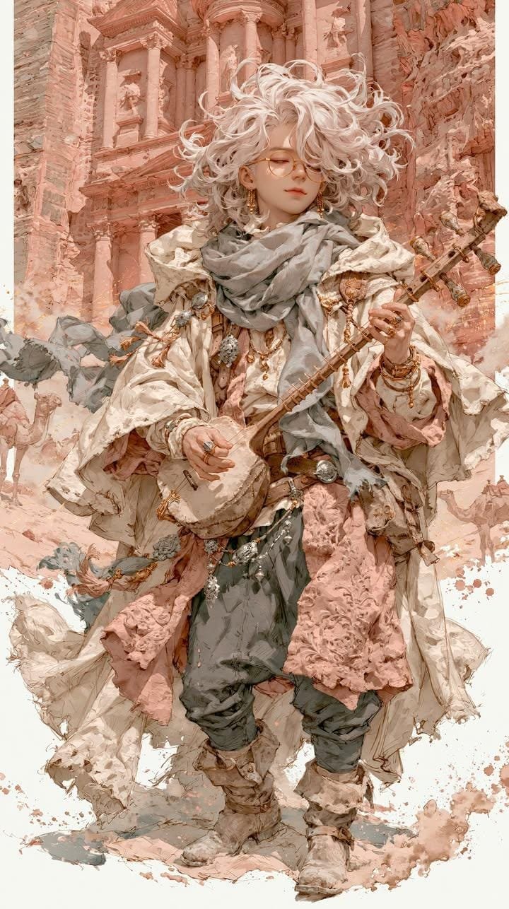 Androgynous Fantasy Portrait: Musician in Ethereal Desert AI image prompt example 2