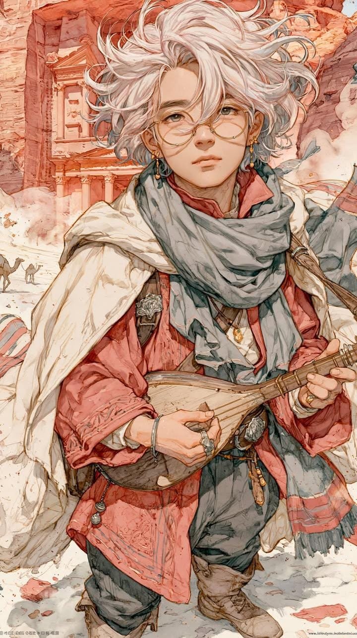 Androgynous Fantasy Portrait: Musician in Ethereal Desert AI image prompt example 4