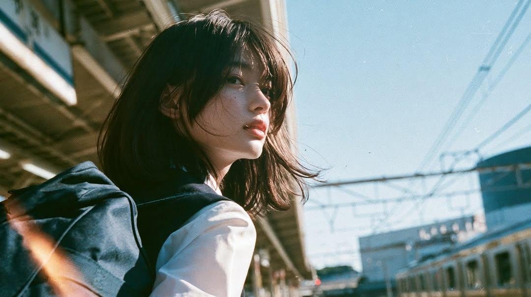 Cinematic Japanese High School Girl Portrait: Suburban Train... AI image prompt example