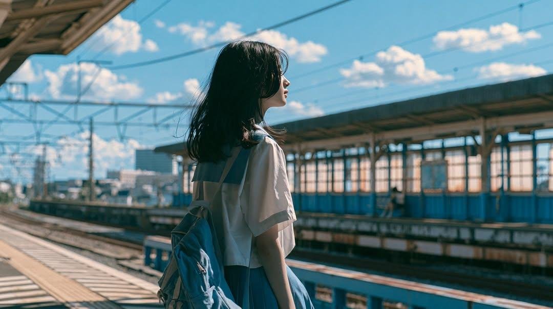 Cinematic Japanese High School Girl Portrait: Suburban Train... AI image prompt example 4