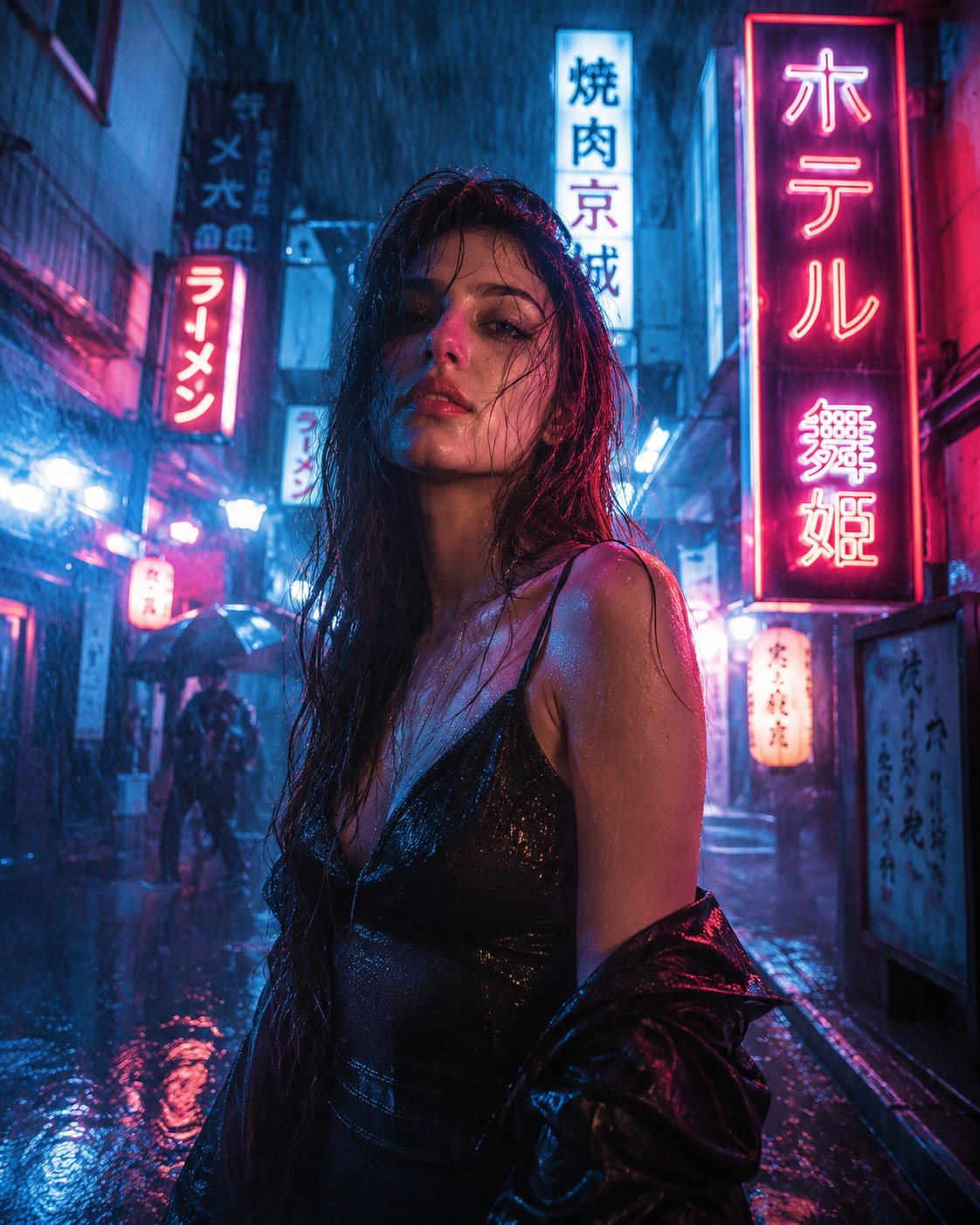 雨夜のネオン街に佇むスタイリッシュな女性のポスターデザイン AI image prompt example