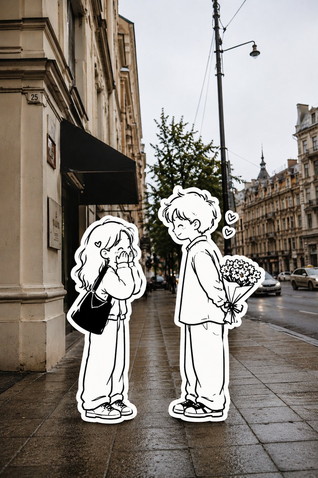 背景をそのまま、キャラだけ線画ステッカーにした風景コラージュ AI image prompt example