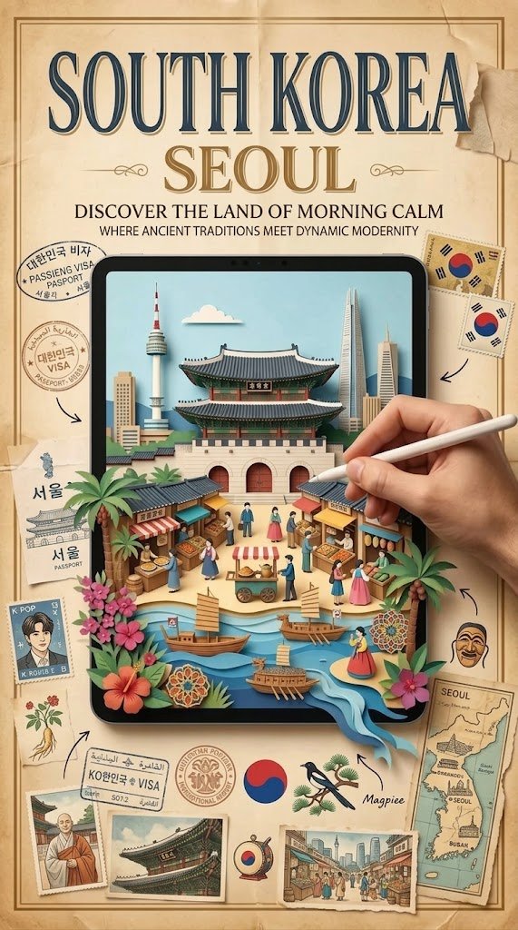 ベージュの古地図に浮かぶ重層的なペーパーカット風ビンテージ旅行ポスター AI image prompt example