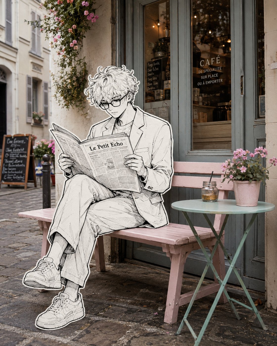 パリ街角カフェのモノクロ挿絵キャラクター AI image prompt example