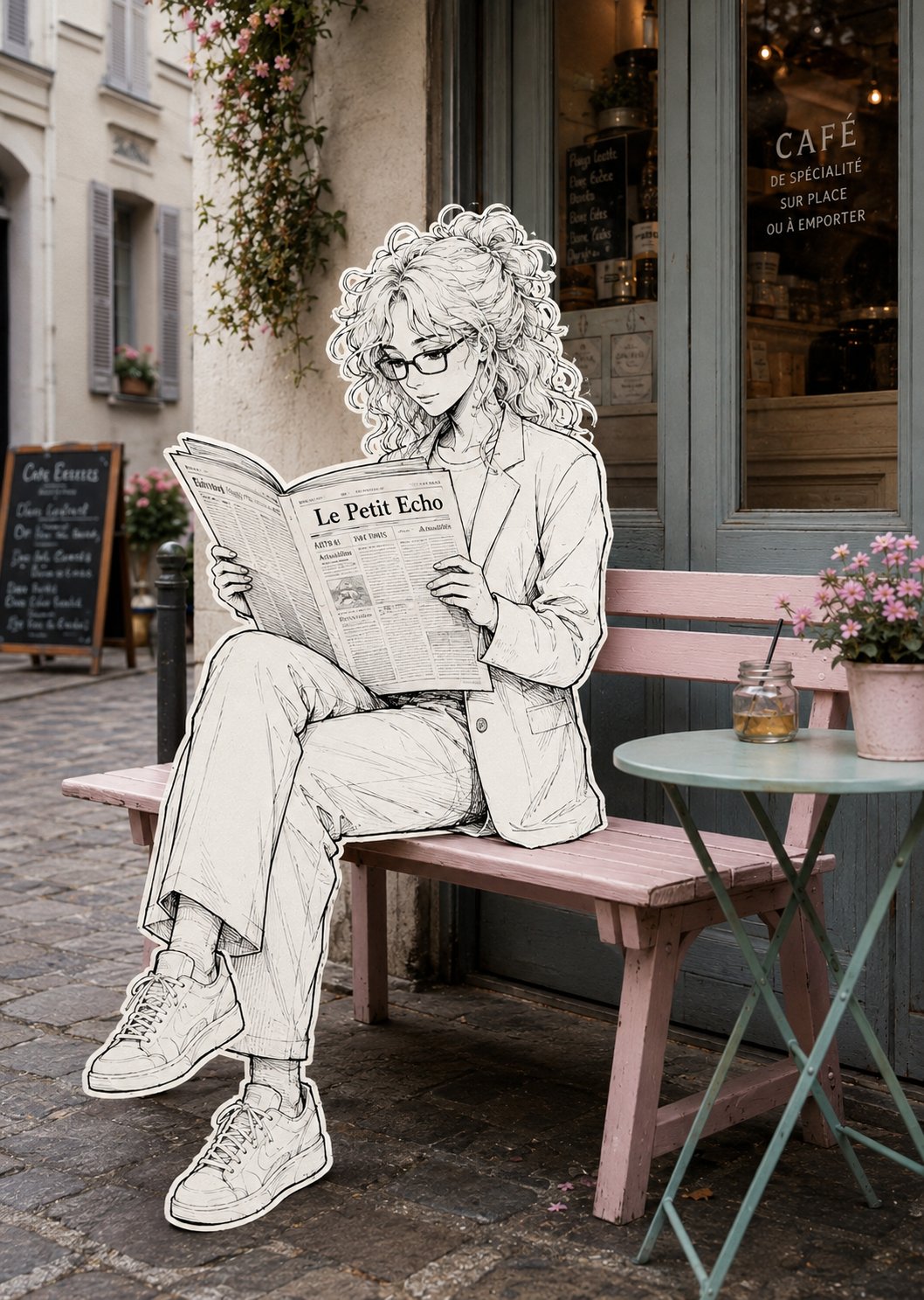 パリ街角カフェのモノクロ挿絵キャラクター AI image prompt example 2