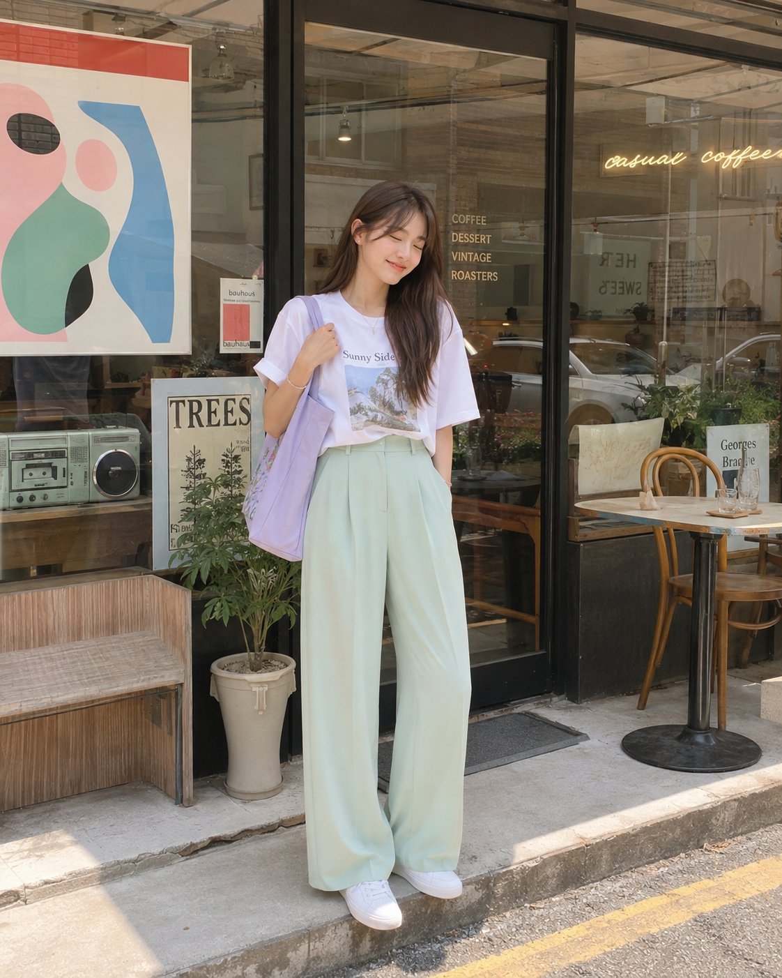 צילום רחוב סגנון אישי של אישה צעירה מחוץ לקפה AI image prompt example 2