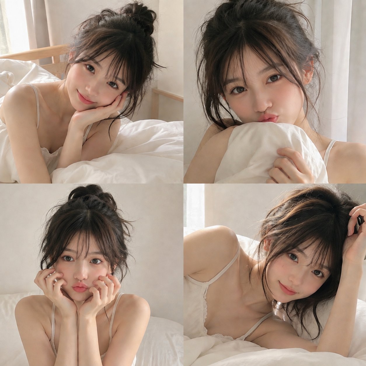 일본 여성이 찍은 포근한 침실 셀카 2x2 콜라주 AI image prompt example