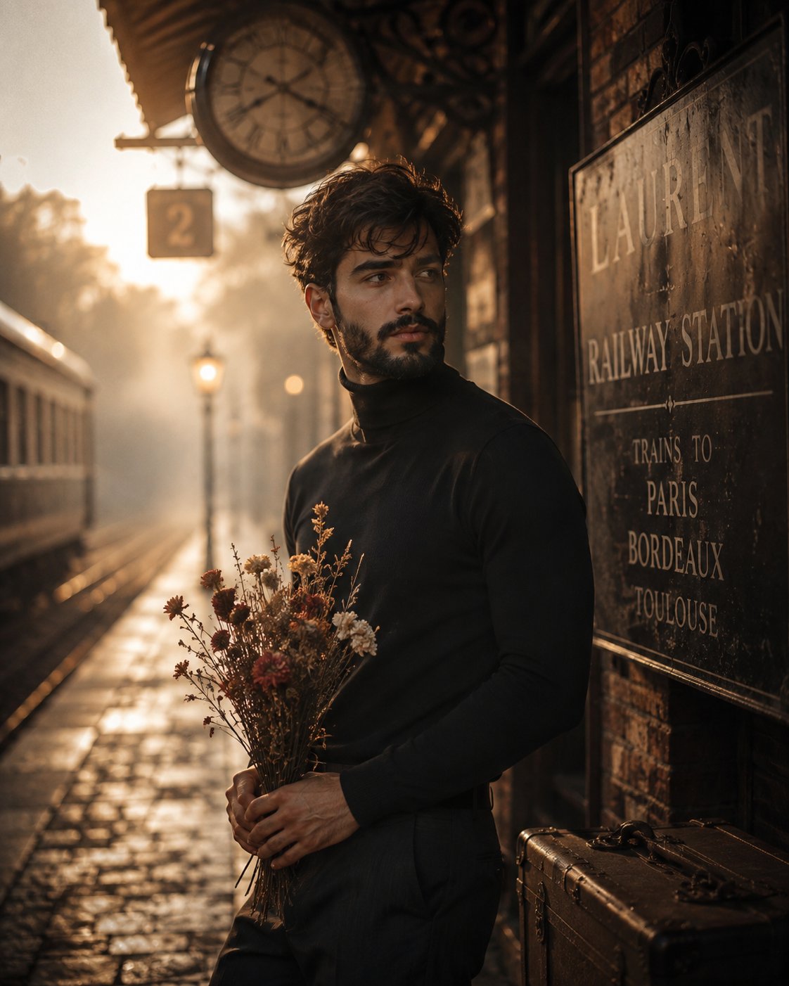 温かい逆光で照らされたミステリアスな男性の映画的ポートレート AI image prompt example