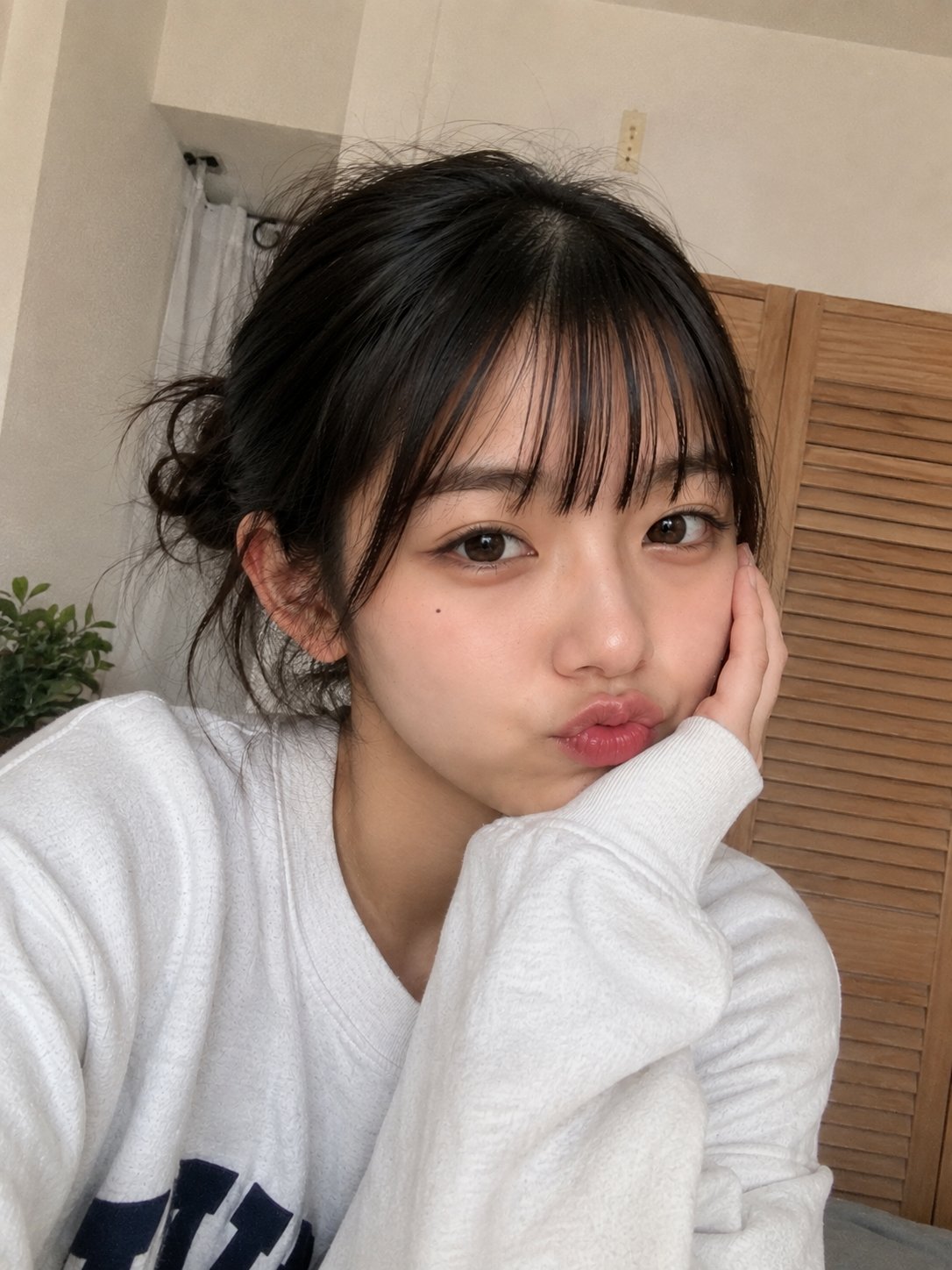 優しい日差しの中、寝室でポーズをとる若い女性のスマートフォン自撮り写真 AI image prompt example