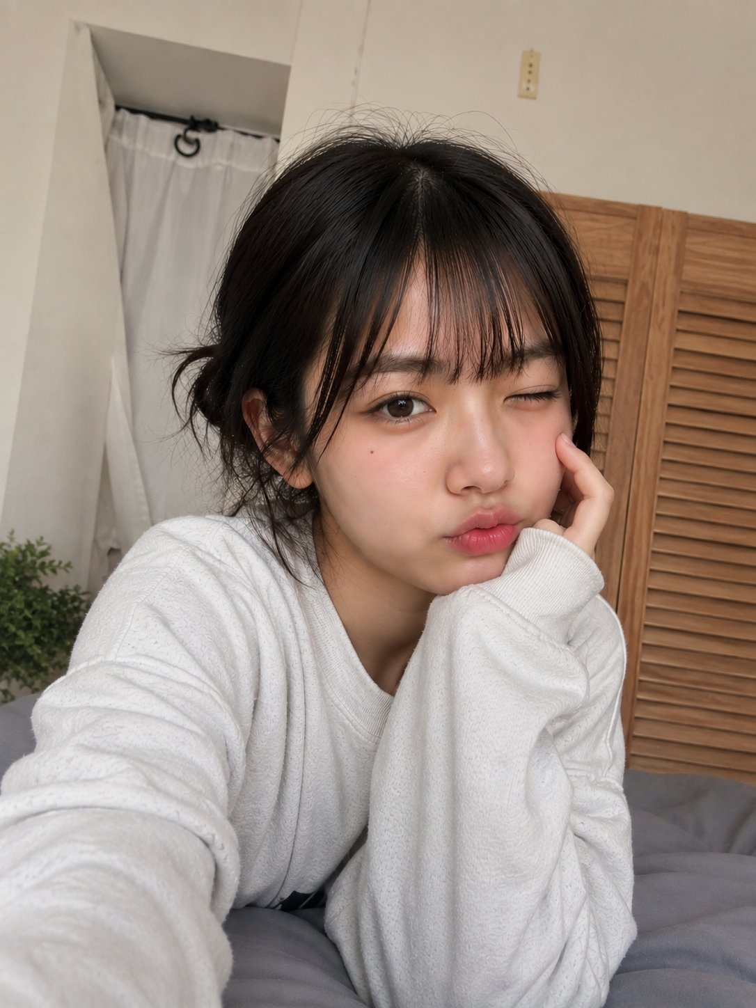 優しい日差しの中、寝室でポーズをとる若い女性のスマートフォン自撮り写真 AI image prompt example 2