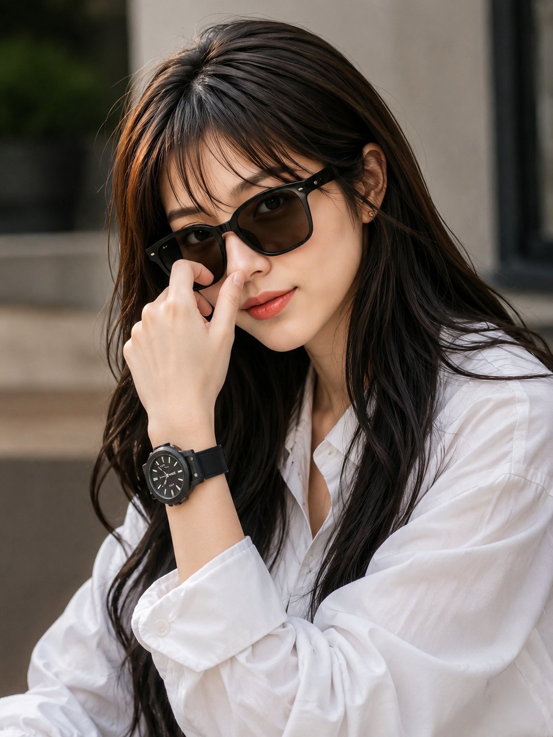 サングラスをかけた女性のシネマティックポートレート AI image prompt example