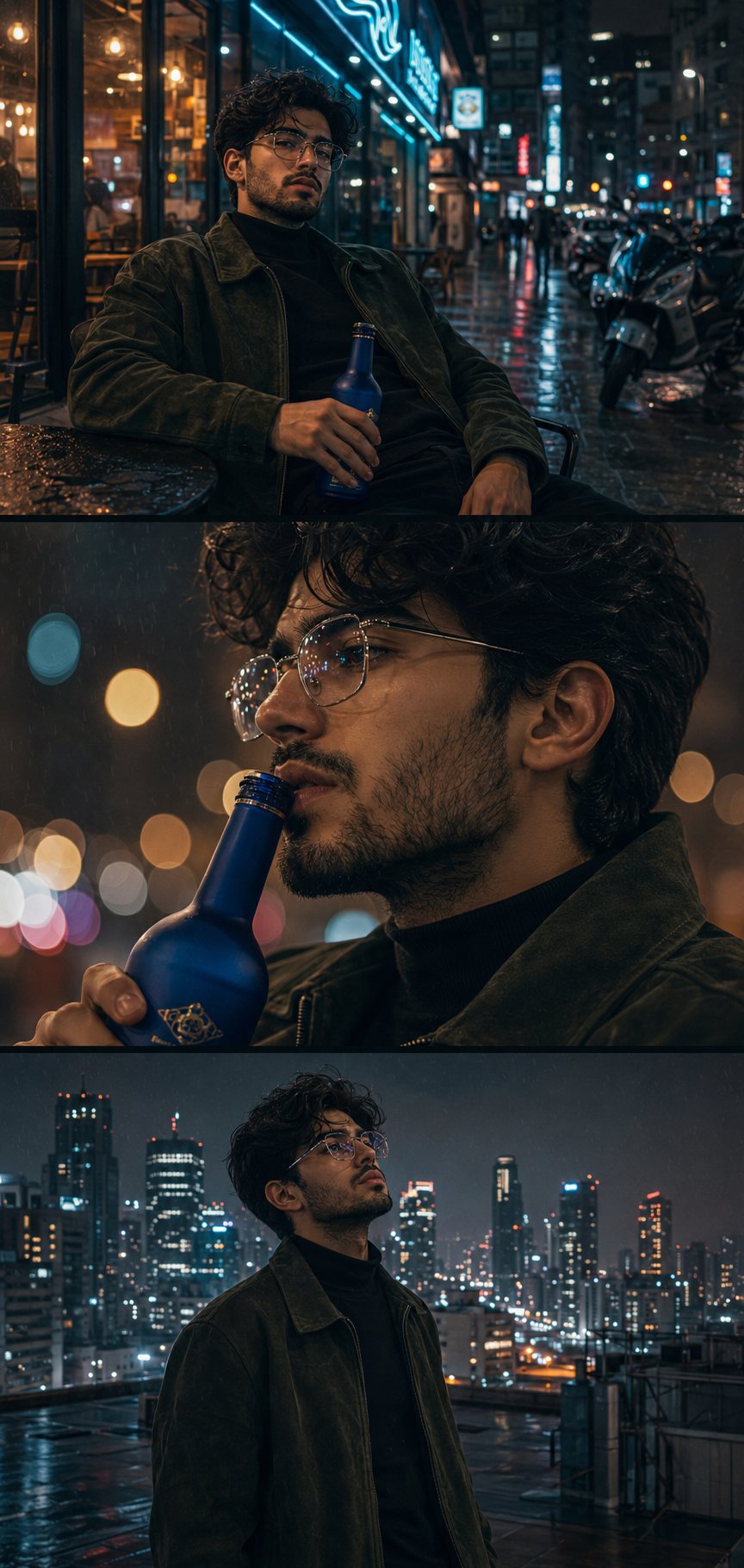 Cinematic Three-Panel Portrait of a Man at a Neon-Lit Night Café AI image prompt example
