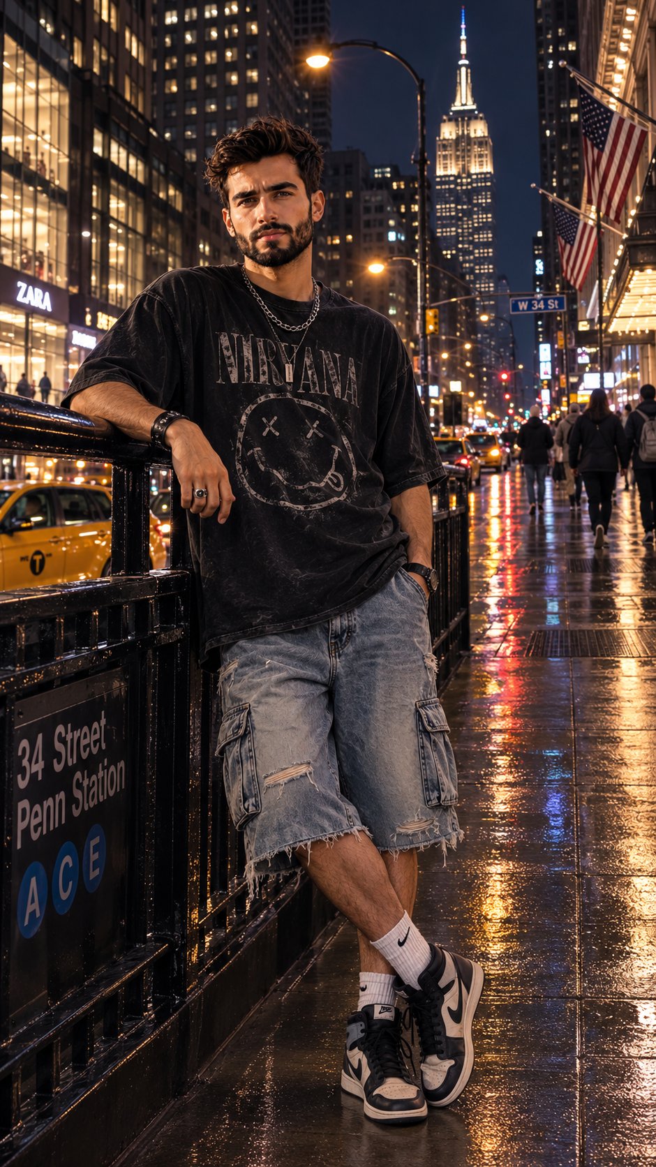 Cinematic Nighttime Street-Fashion Portrait of a Young Man AI image prompt example