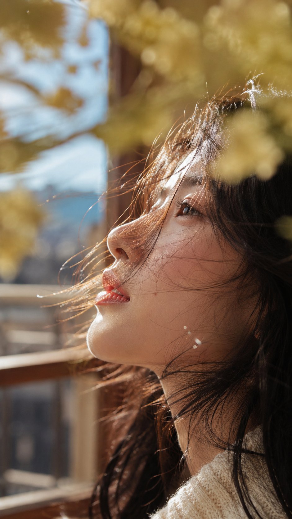 Close-Up Portrait of Woman in Sunlight with Spring Blossoms AI image prompt example