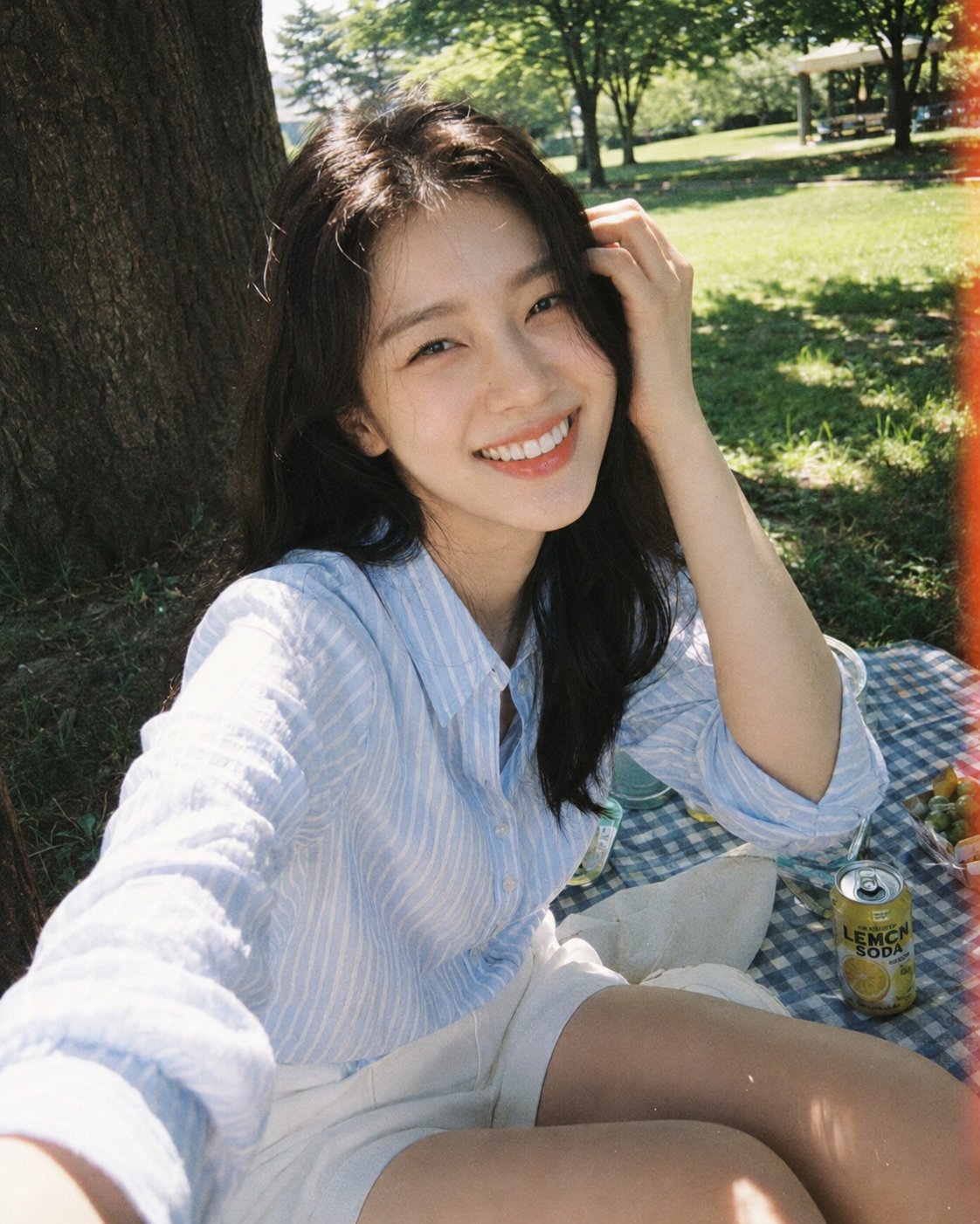 Disposable Film Photo of a Korean Woman on a Park Picnic Date AI image prompt example