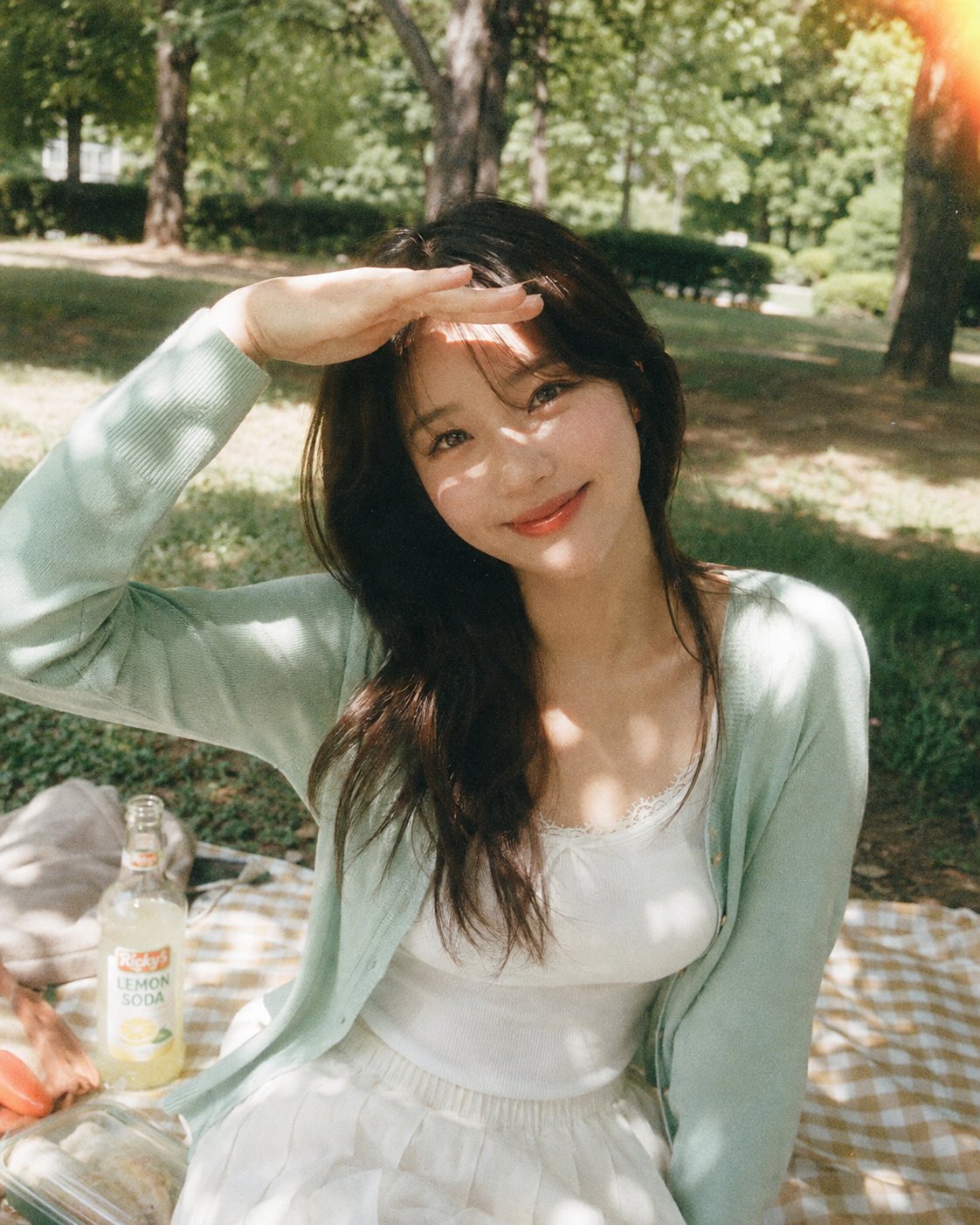 Disposable Film Photo of a Korean Woman on a Park Picnic Date AI image prompt example 2
