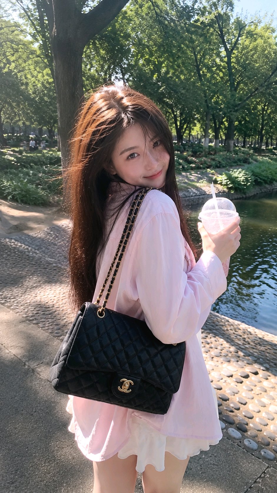 Casual Park Portrait of a Young Asian Woman Holding a Drink AI image prompt example 2