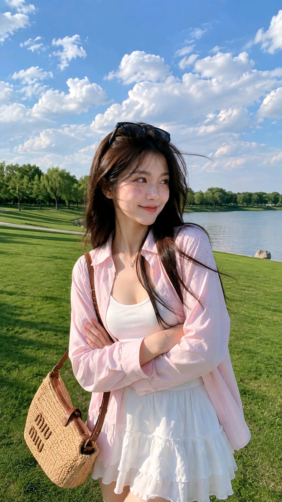 Casual Outdoor Portrait of Young Woman on Grassy Field by Lake AI image prompt example