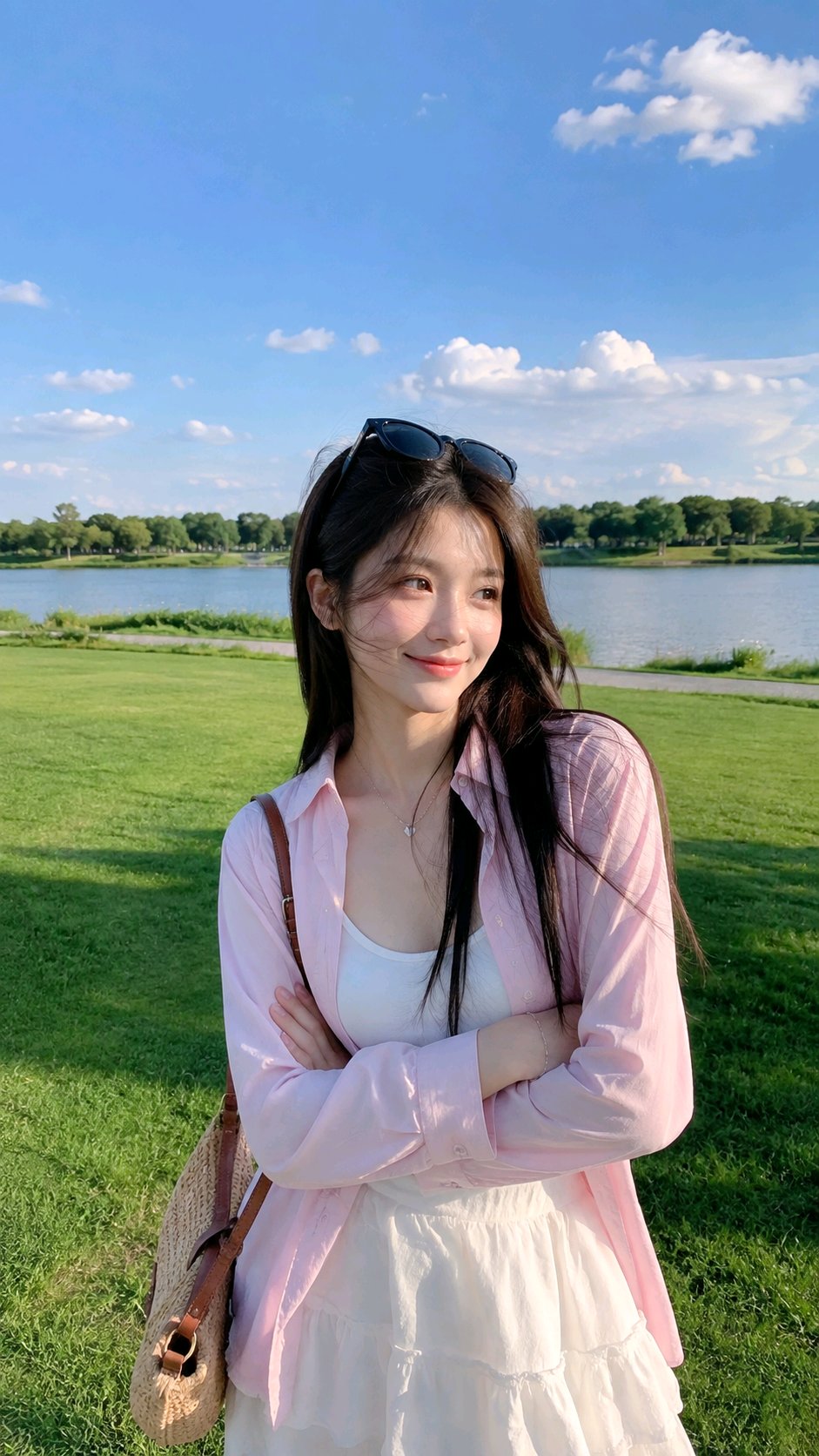 Casual Outdoor Portrait of Young Woman on Grassy Field by Lake AI image prompt example 2