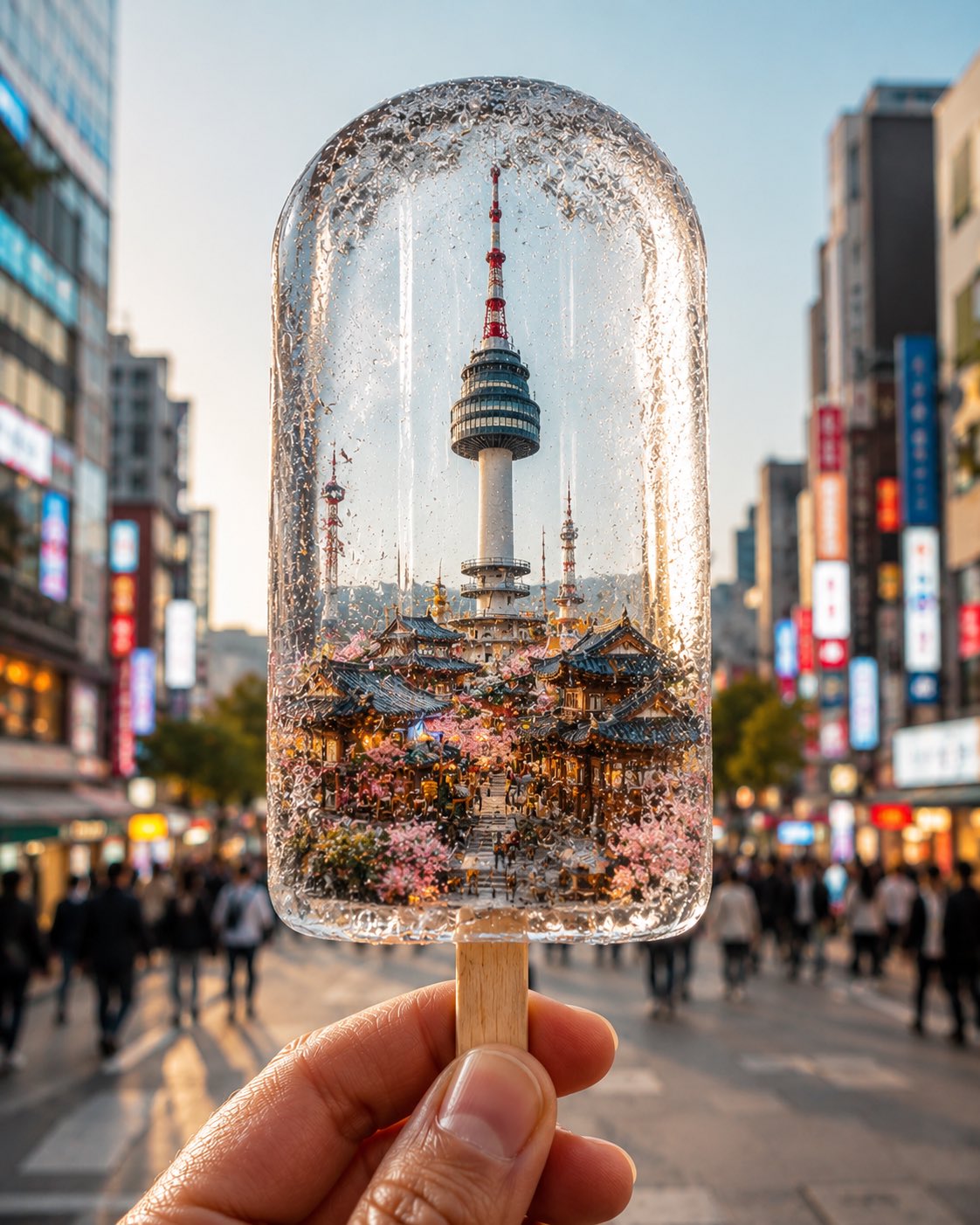 Hyper-Realistic City Frozen Inside a Crystal-Clear Ice Popsicle AI image prompt example