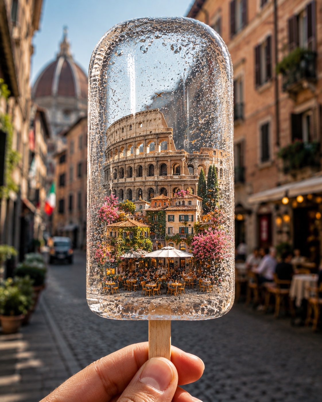 Hyper-Realistic City Frozen Inside a Crystal-Clear Ice Popsicle AI image prompt example 2