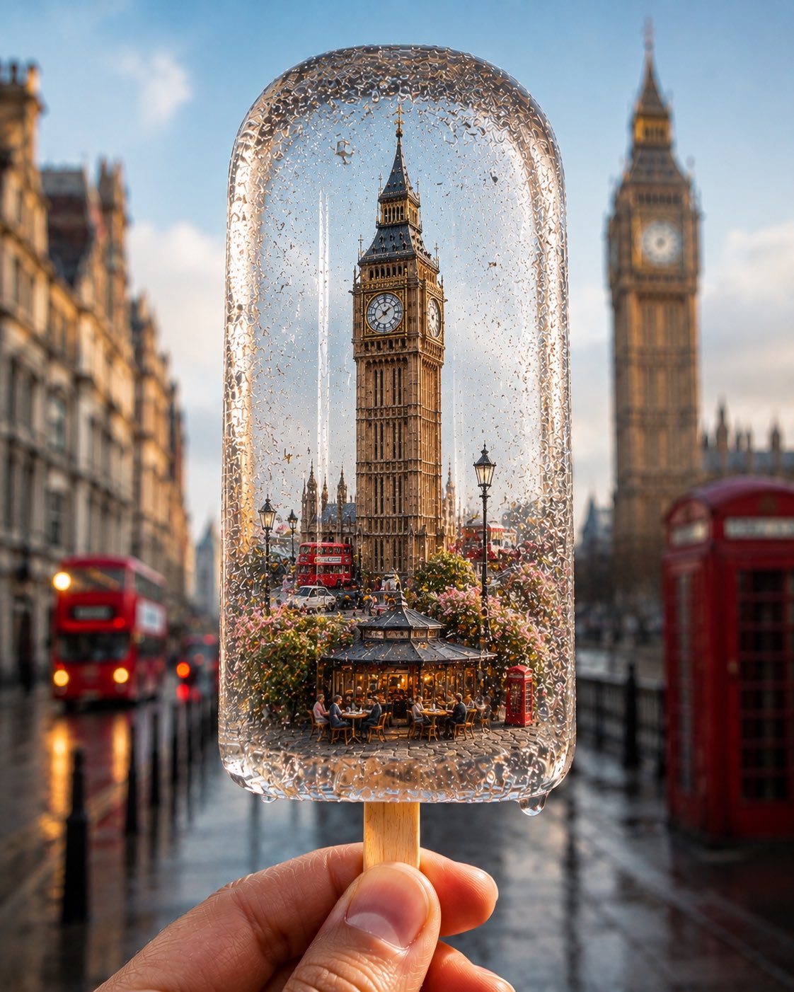 Hyper-Realistic City Frozen Inside a Crystal-Clear Ice Popsicle AI image prompt example 3
