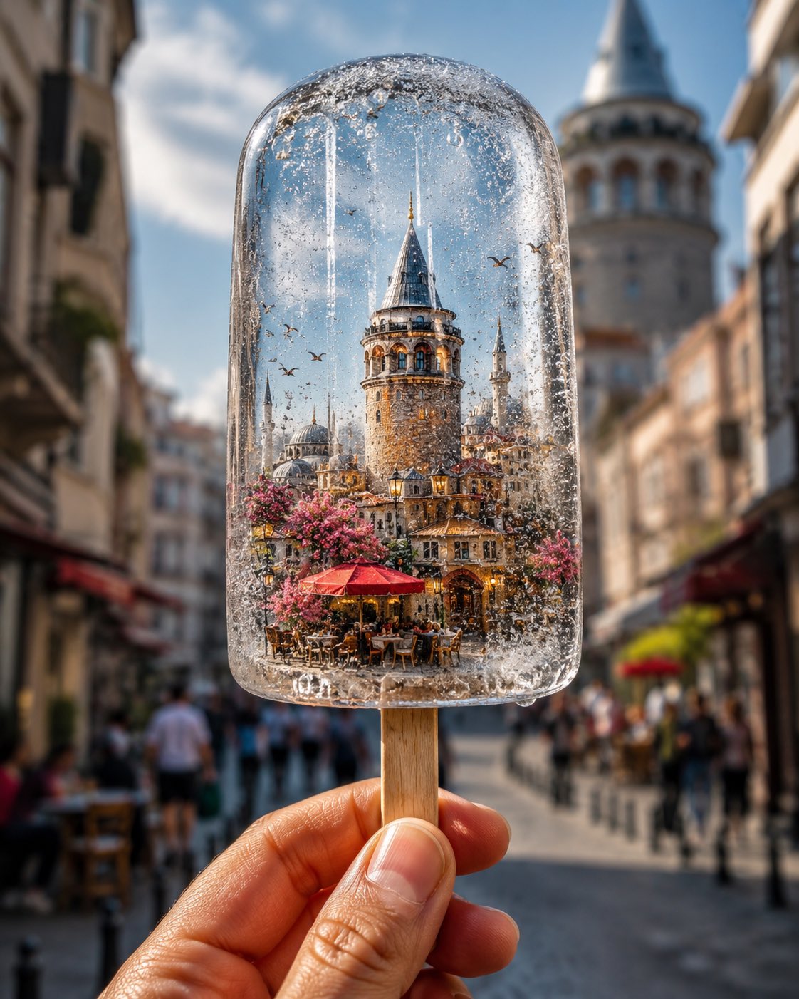 Hyper-Realistic City Frozen Inside a Crystal-Clear Ice Popsicle AI image prompt example 4