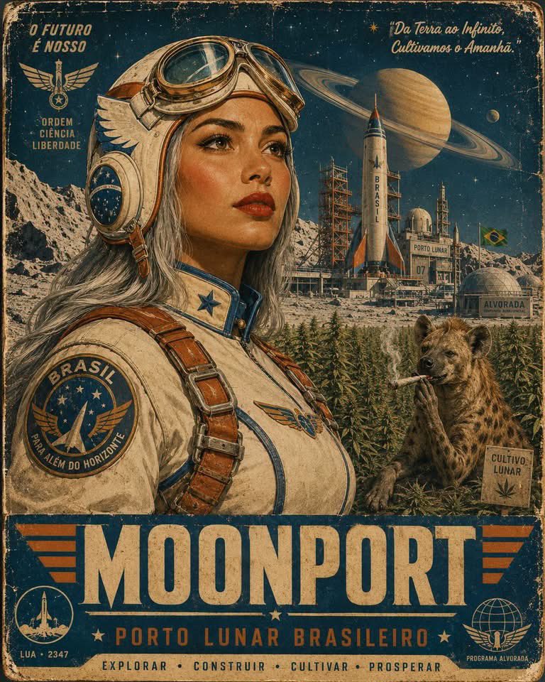 Vintage Retro-Futurist Aviation Poster Portrait of a Heroic Pilot AI image prompt example 2