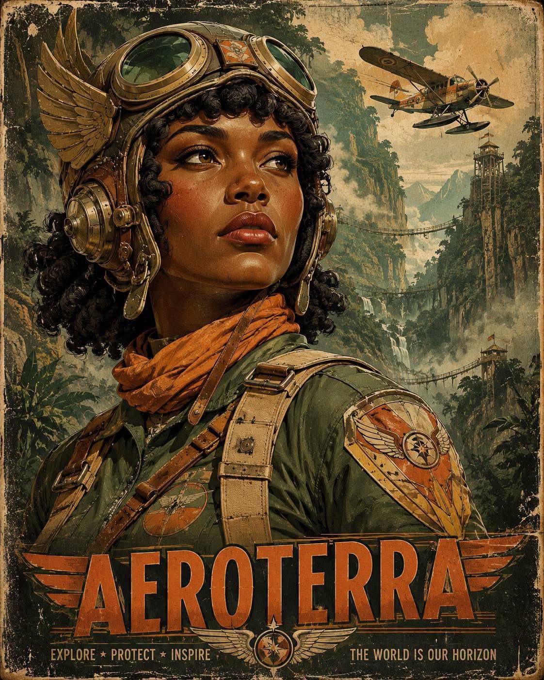 Vintage Retro-Futurist Aviation Poster Portrait of a Heroic Pilot AI image prompt example 3