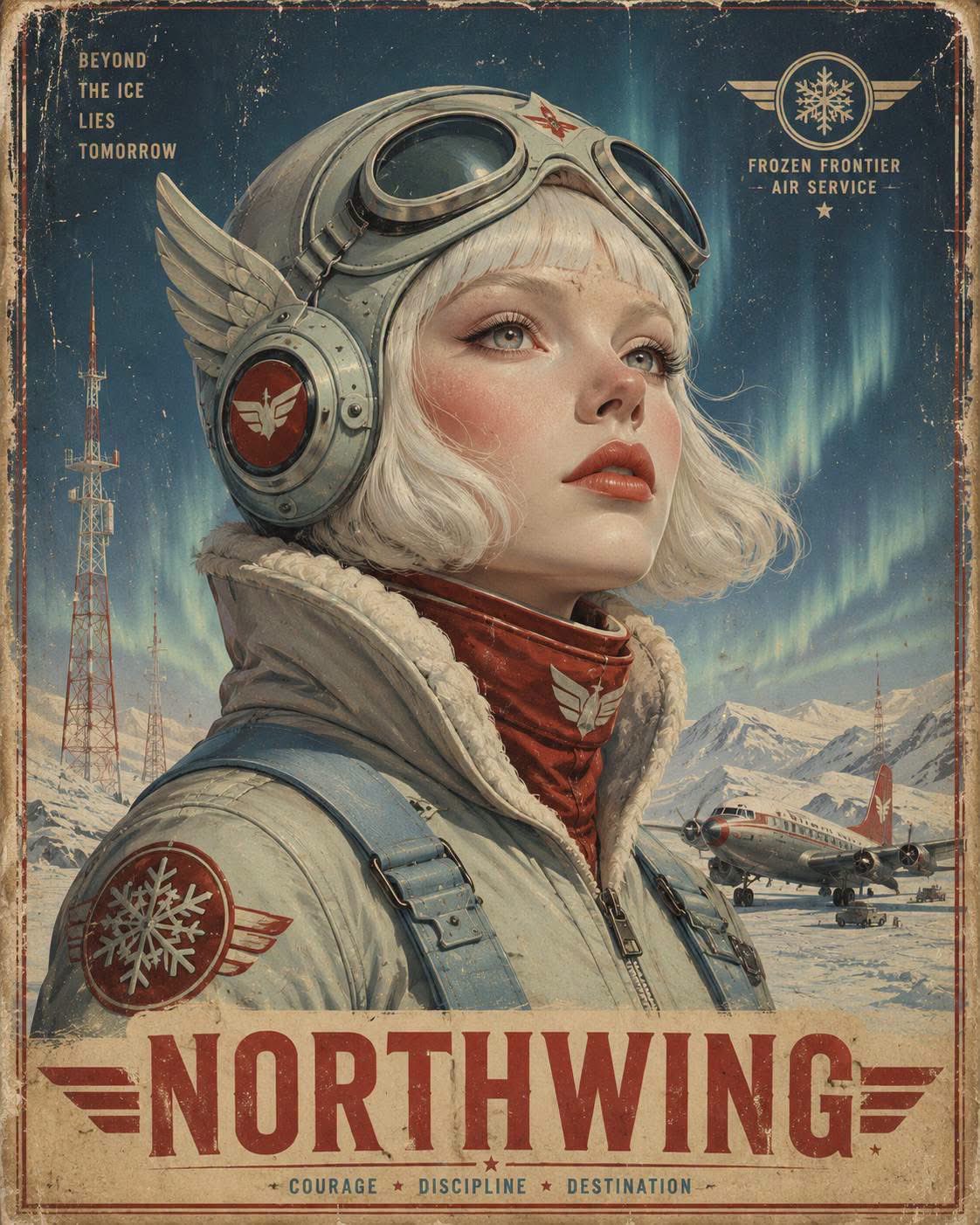 Vintage Retro-Futurist Aviation Poster Portrait of a Heroic Pilot AI image prompt example 4