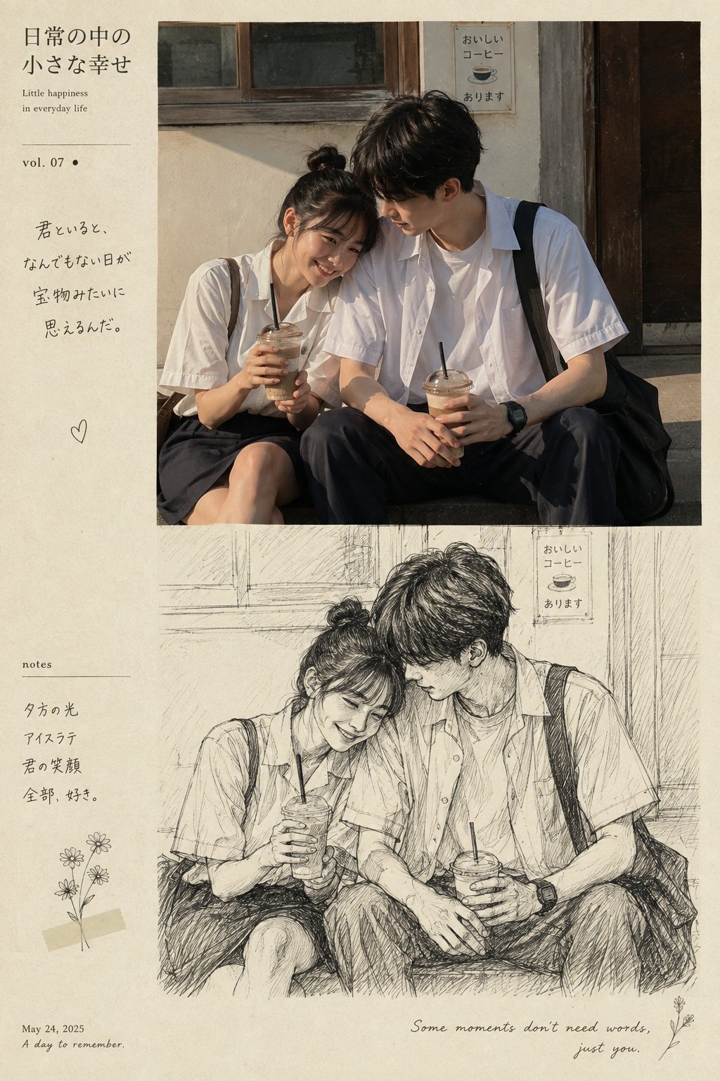 Photo-to-Sketch Nostalgic Editorial Artbook Page AI image prompt example