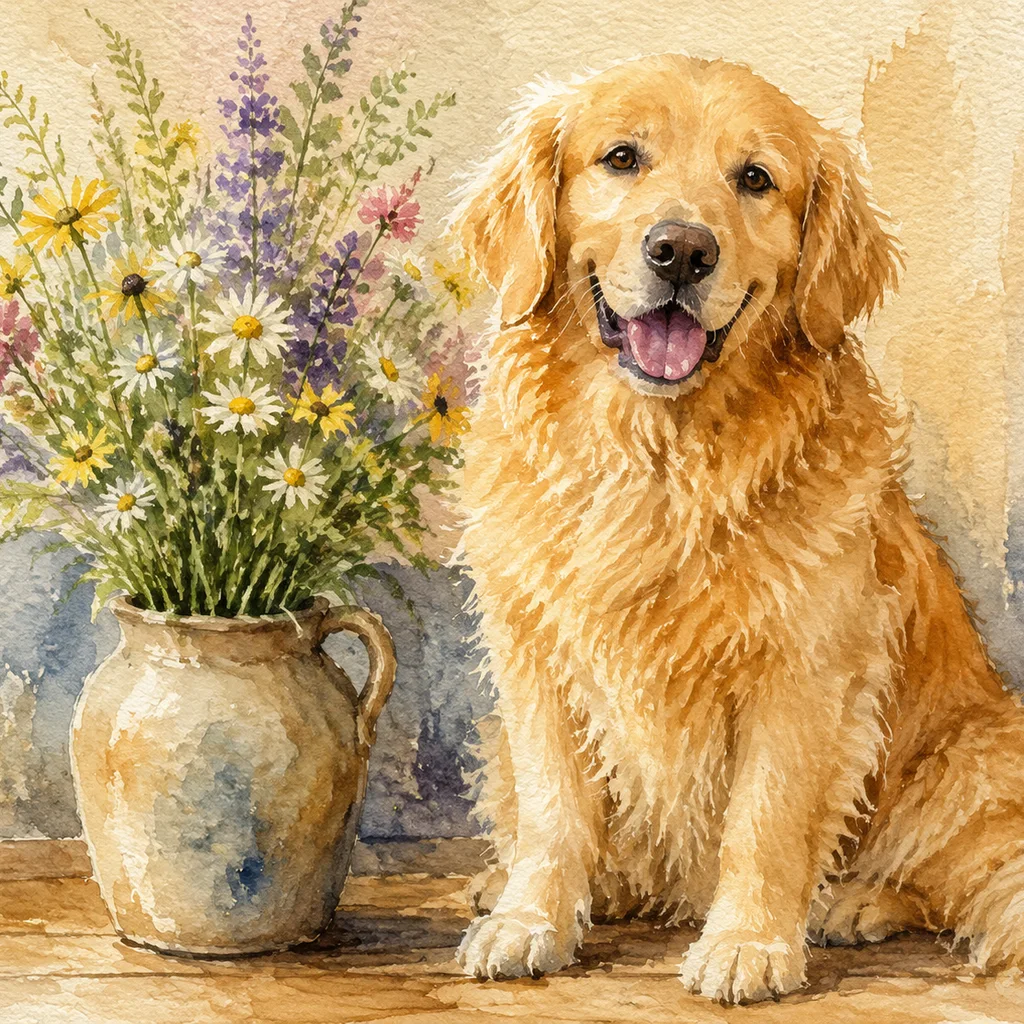 Pet portrait in colored wash After