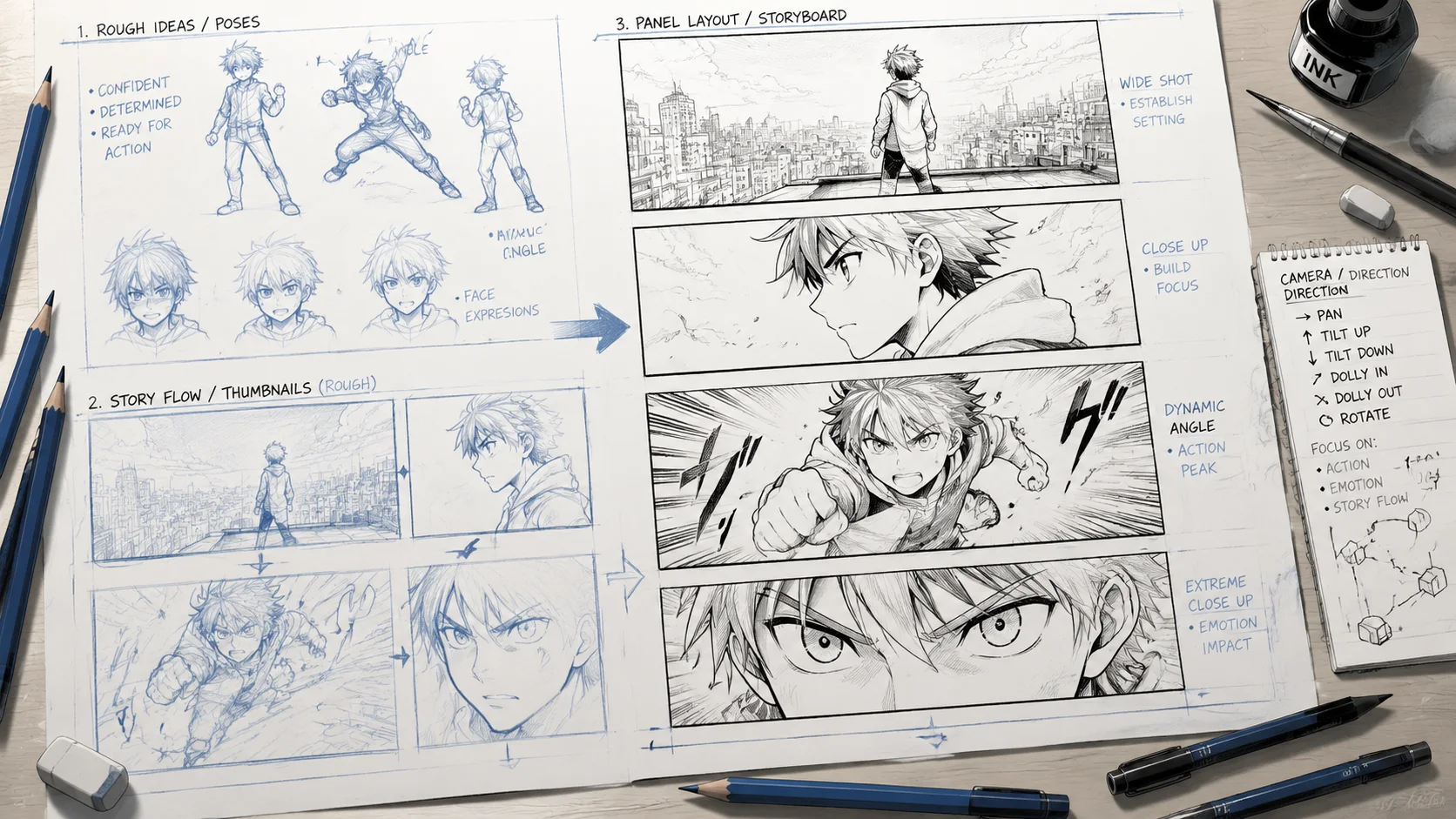 Break one scene into readable manga panel beats. example