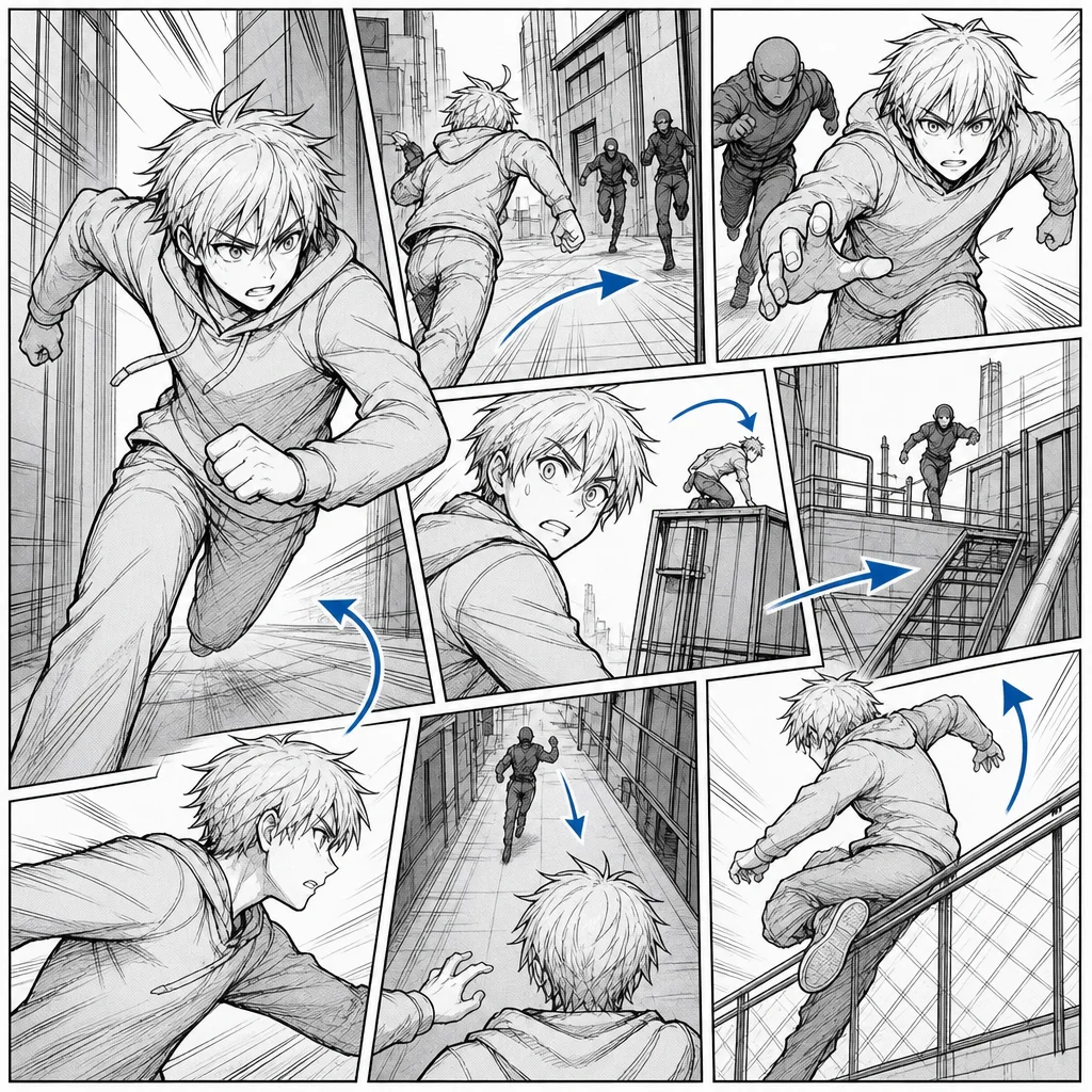 Chase scene storyboard with clearer action direction after