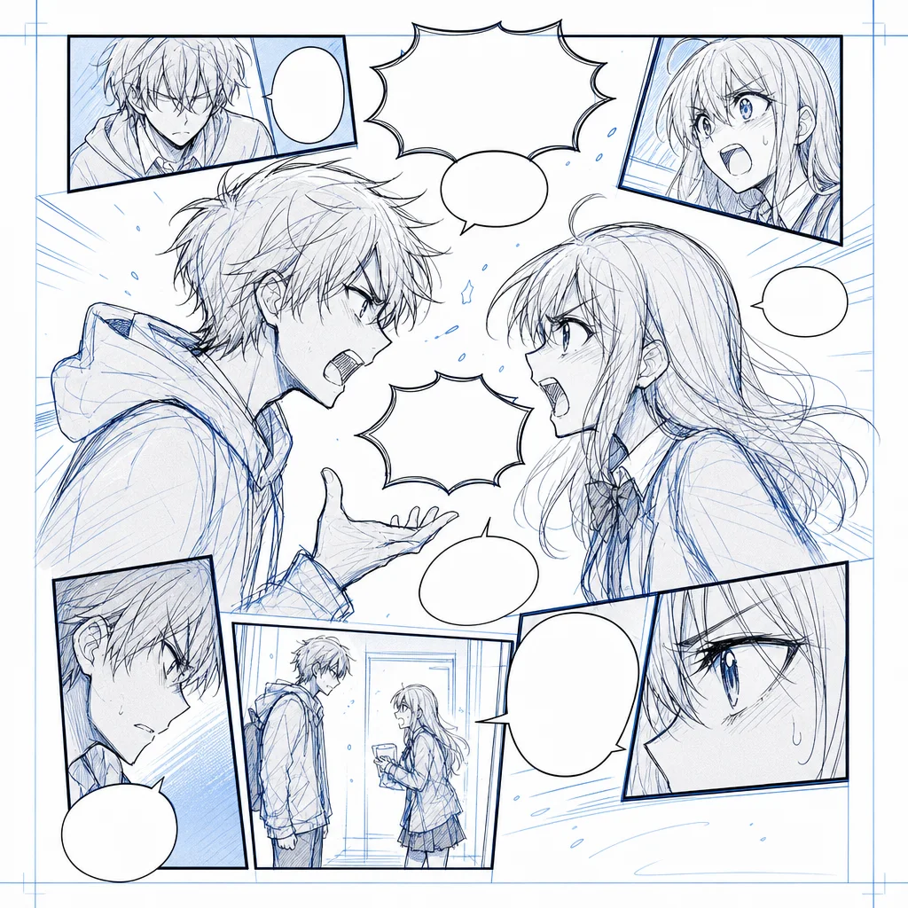 Dialogue scene storyboard with cleaner camera order after
