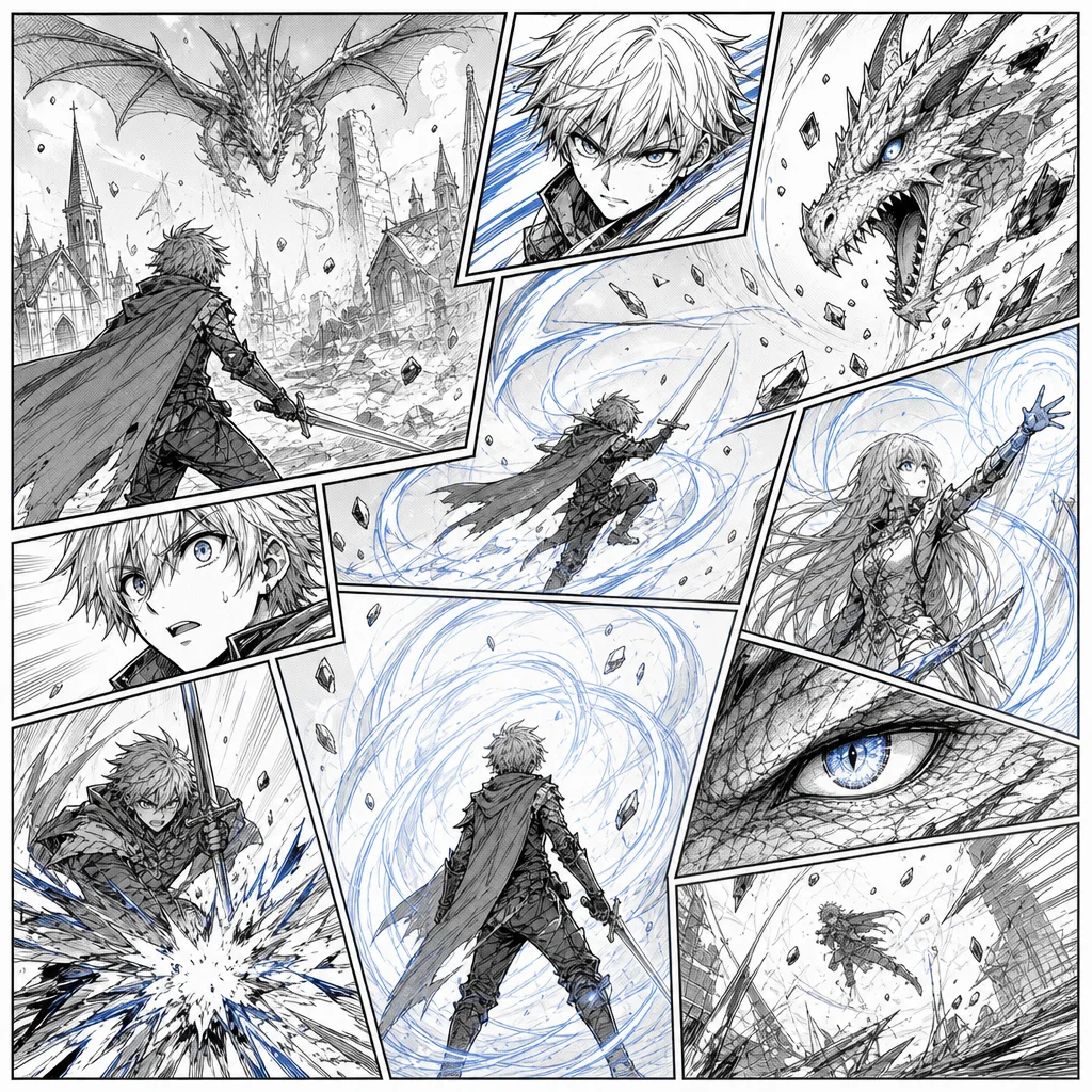 Fantasy battle storyboard with stronger panel rhythm after
