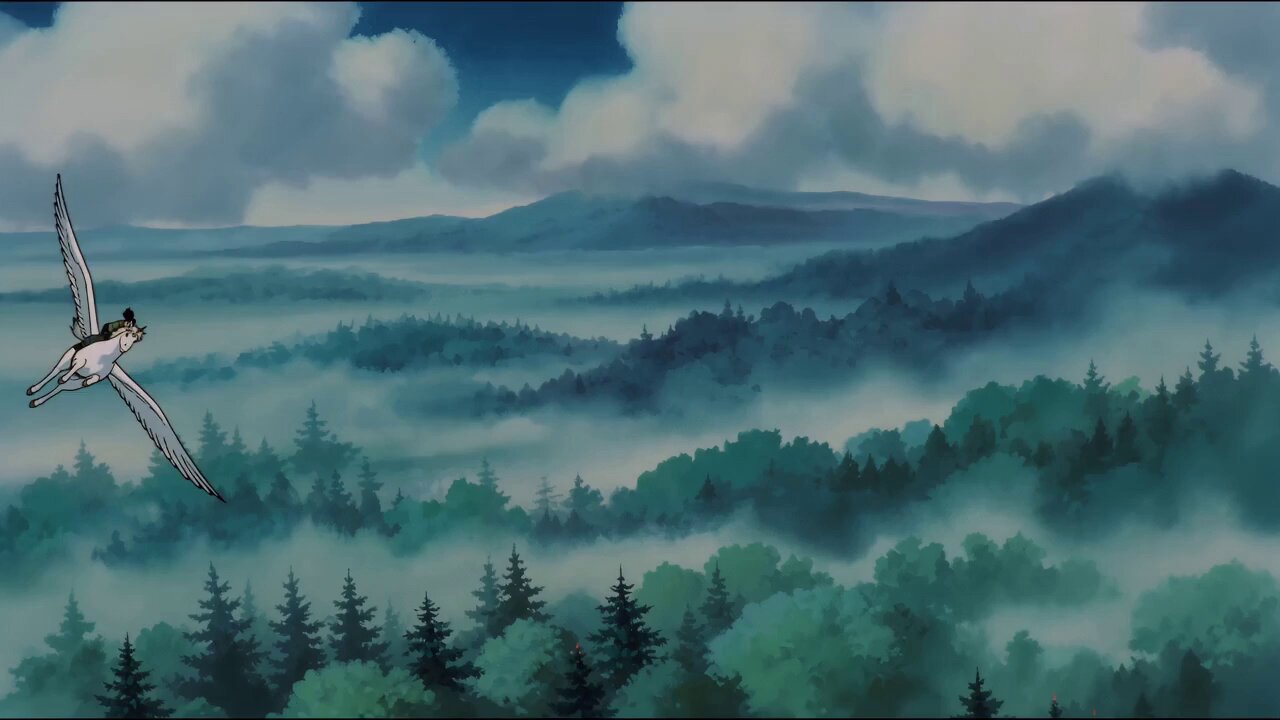 Studio Ghibli Princess Mononoke inspired young girl on winged unicorn Studio Ghibli Princess Mononoke inspired young girl on winged unicorn AI video prompt example