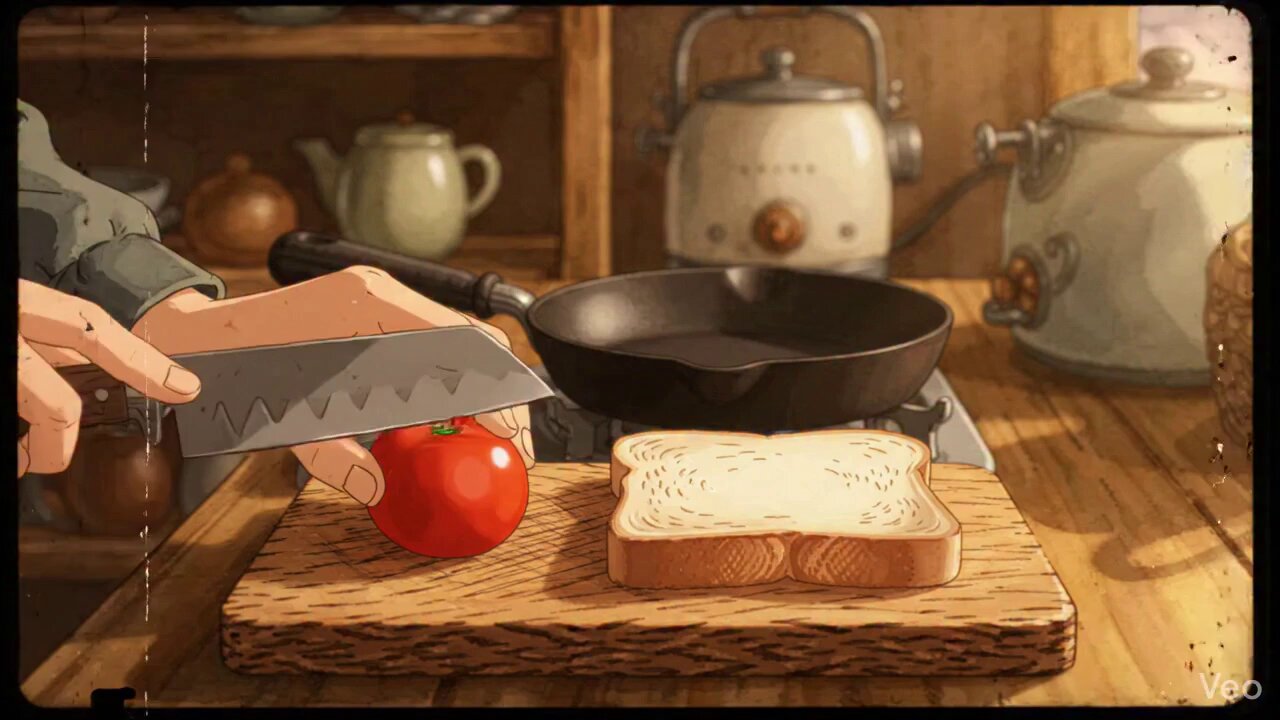 Studio Ghibli Kitchen Scene: Slicing Tomato and Frying Eggs AI video prompt example
